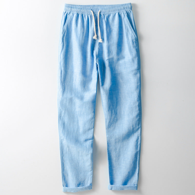 Reid Linen Pants in Light Blue — lightweight linen drawstring pants