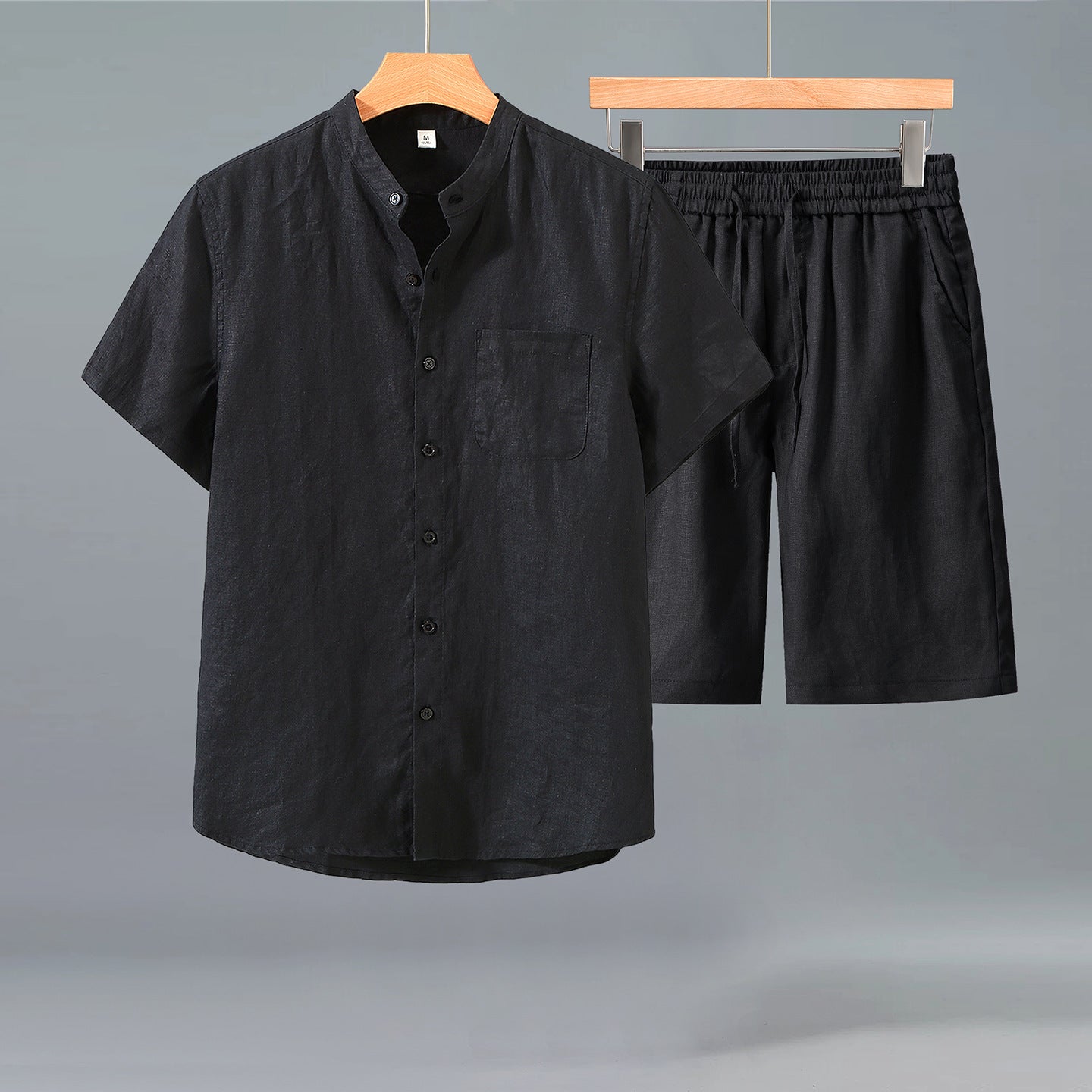 Valerio Linen Set in Black — linen shirt and shorts set
