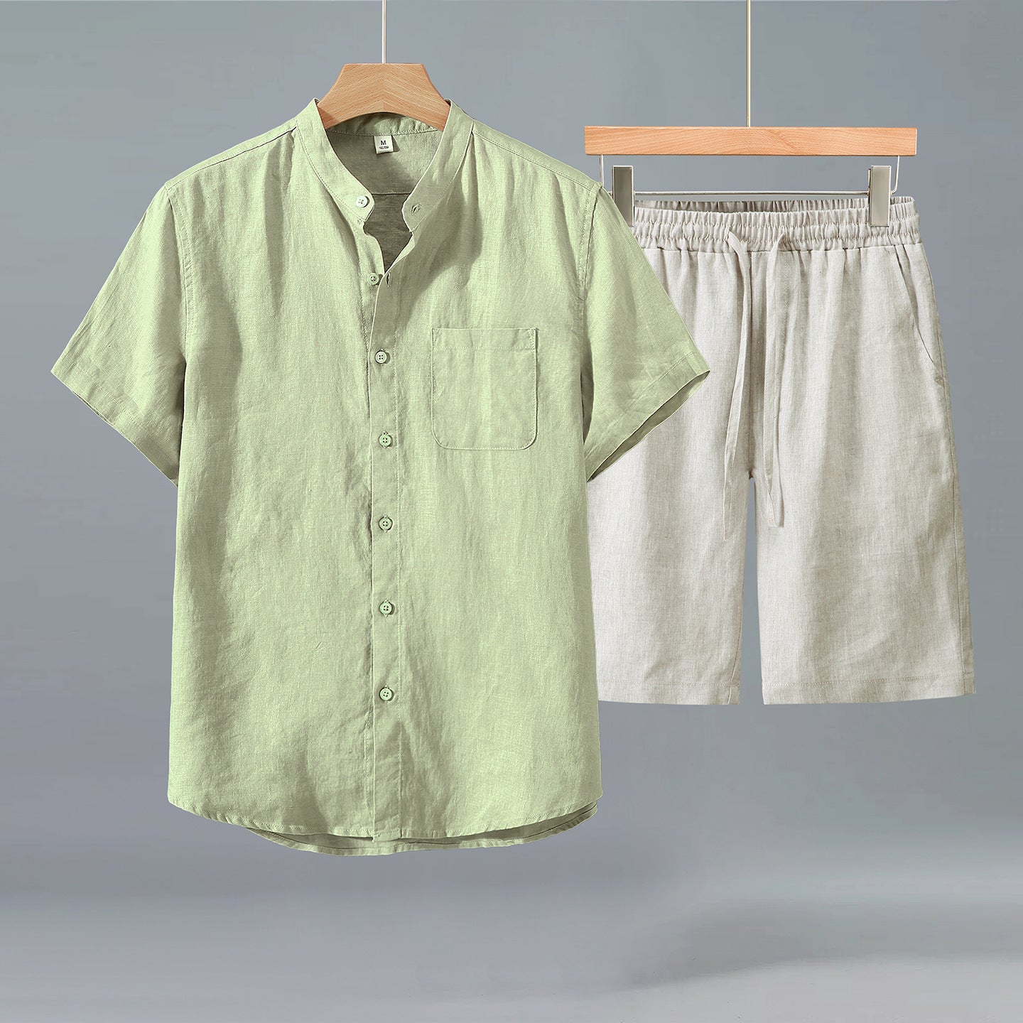 Valerio Linen Set in Green — linen shirt and shorts set