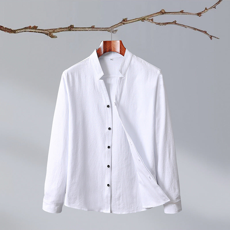 Niccolo Linen Shirt in White — gossamer linen with laydown collar and button-up design
