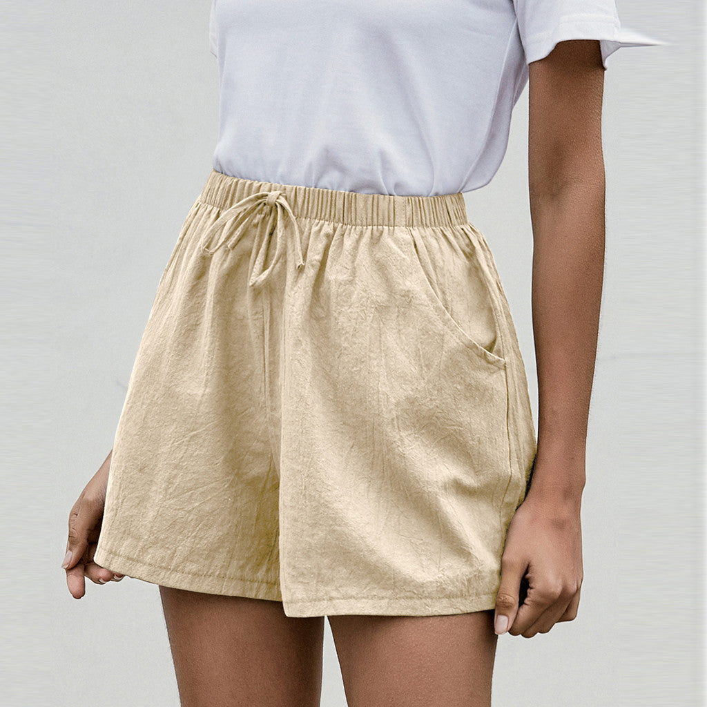 Adelaide Linen Shorts in Beige — Women's drawstring linen summer shorts