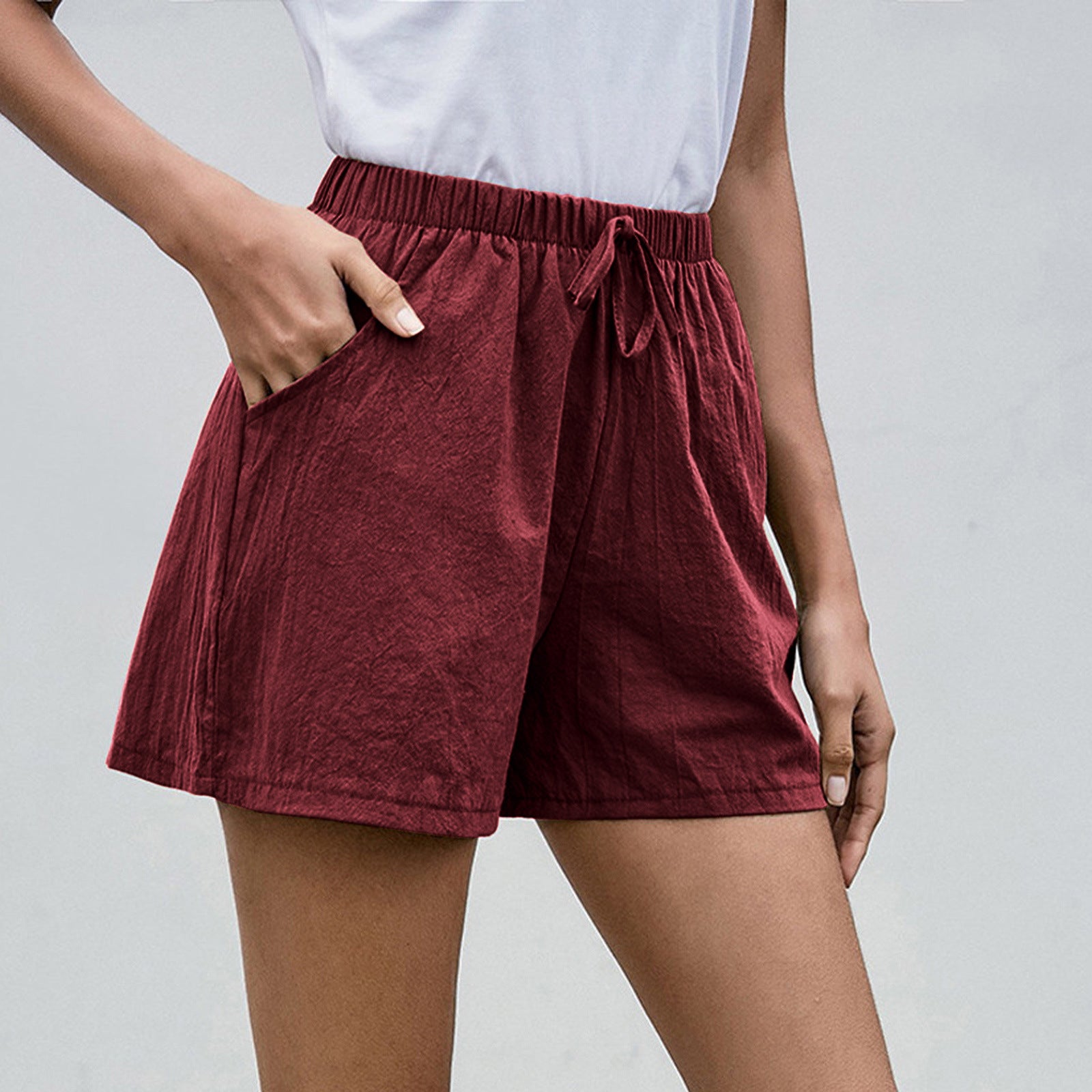 Adelaide Linen Shorts in Burgundy — Women's drawstring linen summer shorts
