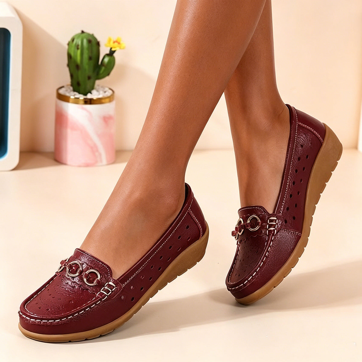 Nella Wedge Loafers in Burgundy — worn with the gold ring detail on the vamp