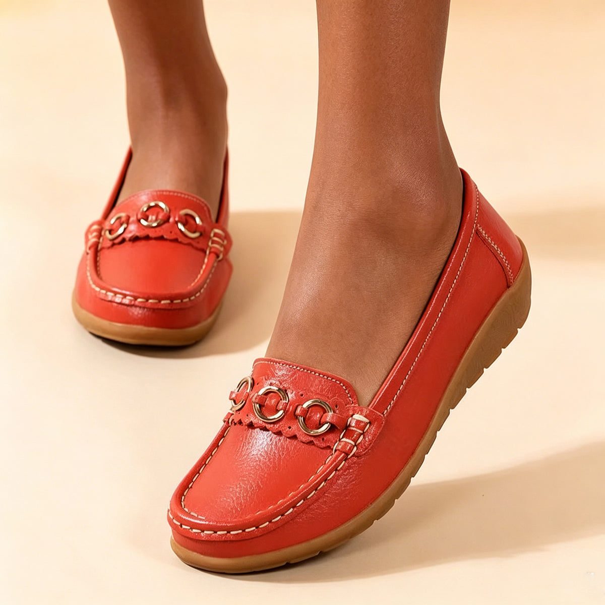 Nella Wedge Loafers in Red — worn with the gold ring detail on the vamp