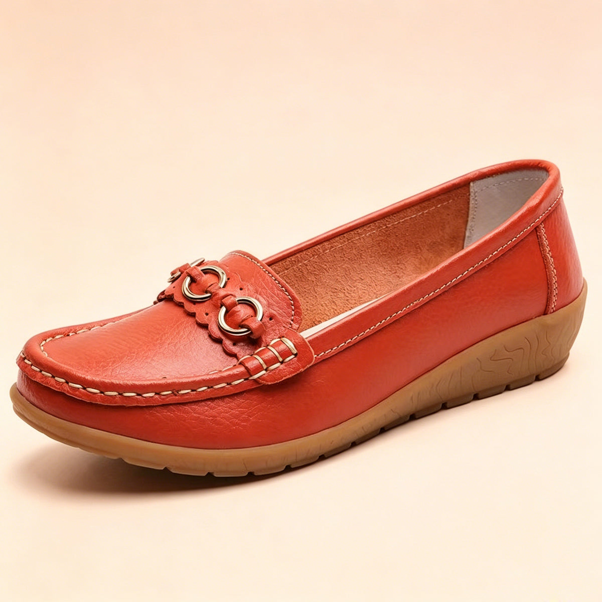 Nella Wedge Loafers in Red — side view of the leather upper and low wedge sole