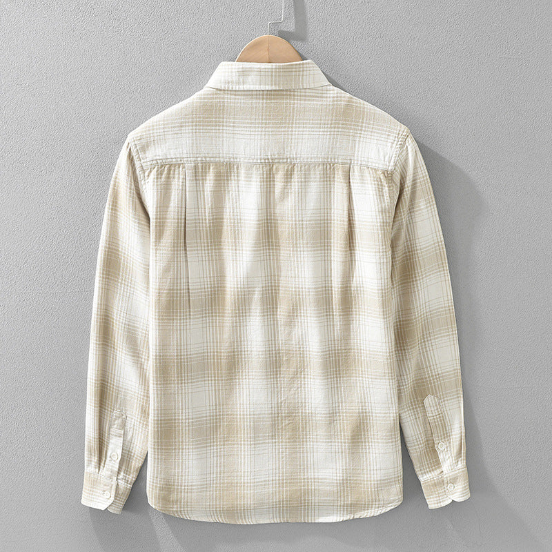 Silas Plaid Shirt in Beige — soft brushed cotton button-up with chest pockets