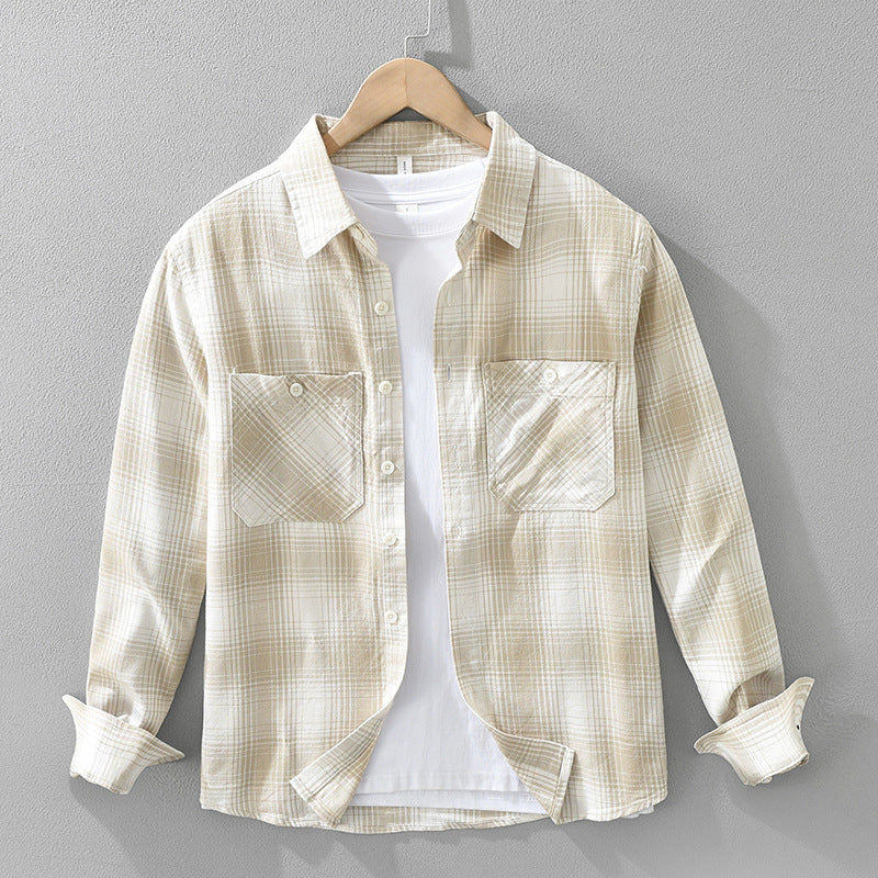 Silas Plaid Shirt in Beige — soft brushed cotton button-up with chest pockets