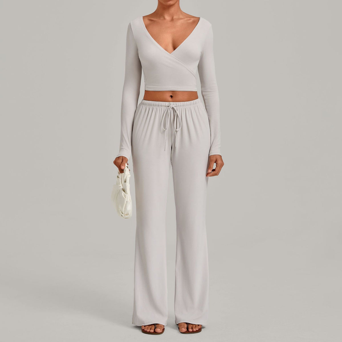 Julia Active Set in Light Gray — cropped long-sleeve wrap top with matching wide-leg drawstring pants