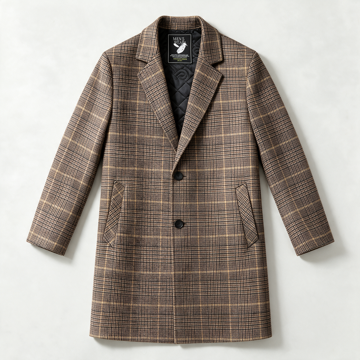 Thatcher Tailored Overcoat in Light Brown — brushed wool check overcoat with notched lapel and two-button front