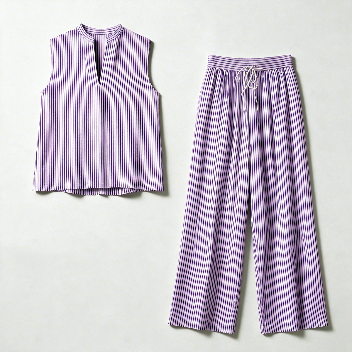Ruby Striped Set in Lavender — flat lay of the sleeveless split-neck tunic and matching wide-leg pants
