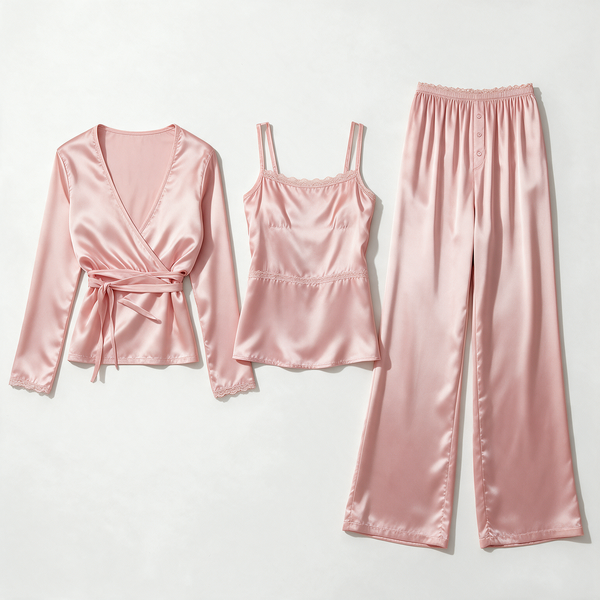 Kate Pajama Set in Light Pink — flat lay of the three-piece set: cami, tie-front shrug, and wide-leg pants