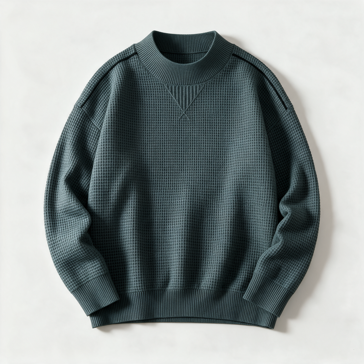 Brooks Textured Sweater in Sage — waffle-knit crewneck sweater with a tall ribbed collar
