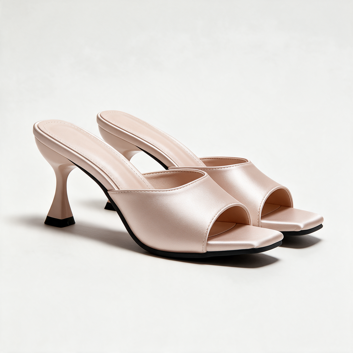 Ava Satin Mules in Beige — satin open-toe mules with a square toe and slim heel