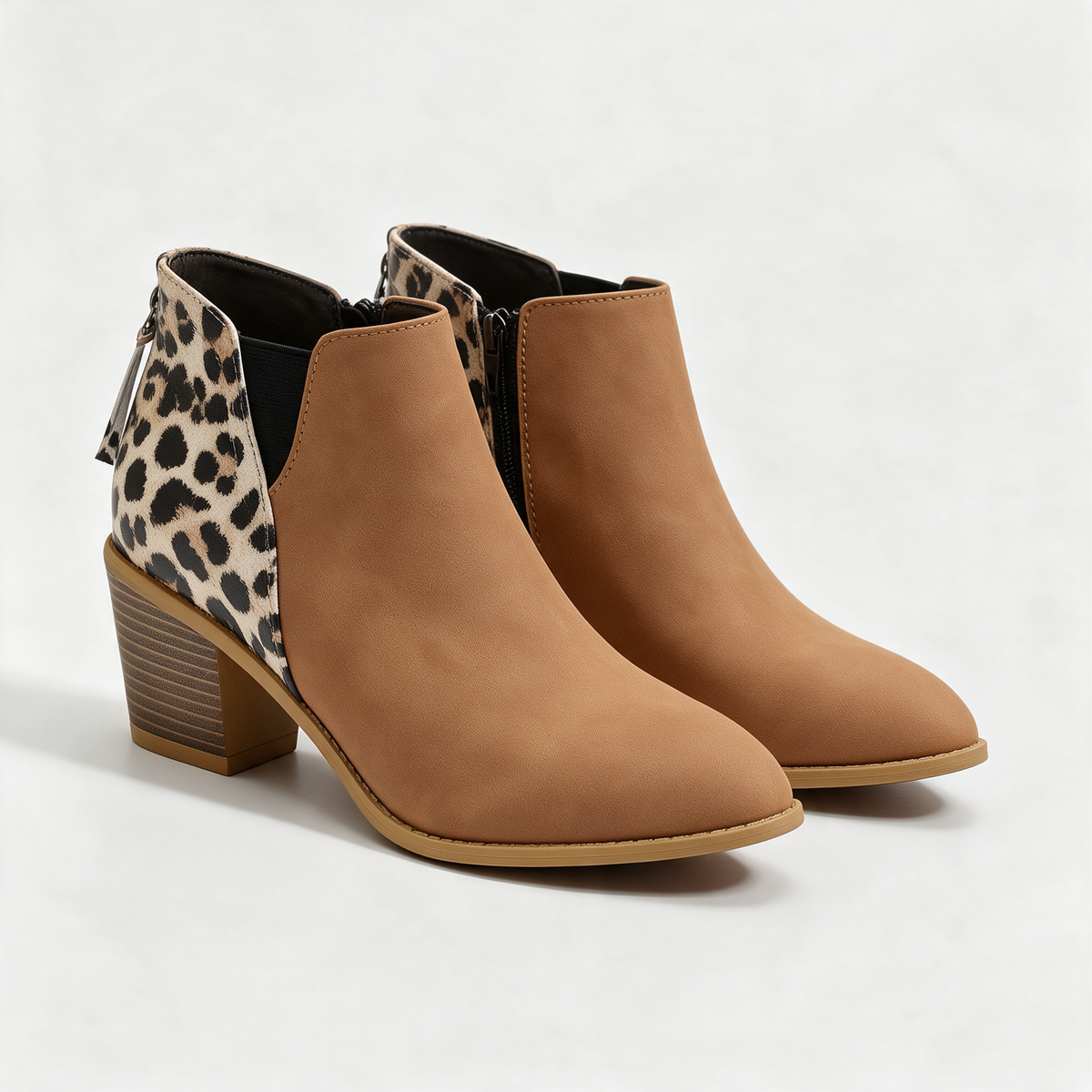 Esme Leopard Boots in Light Brown — suede ankle boot with a leopard-print back panel