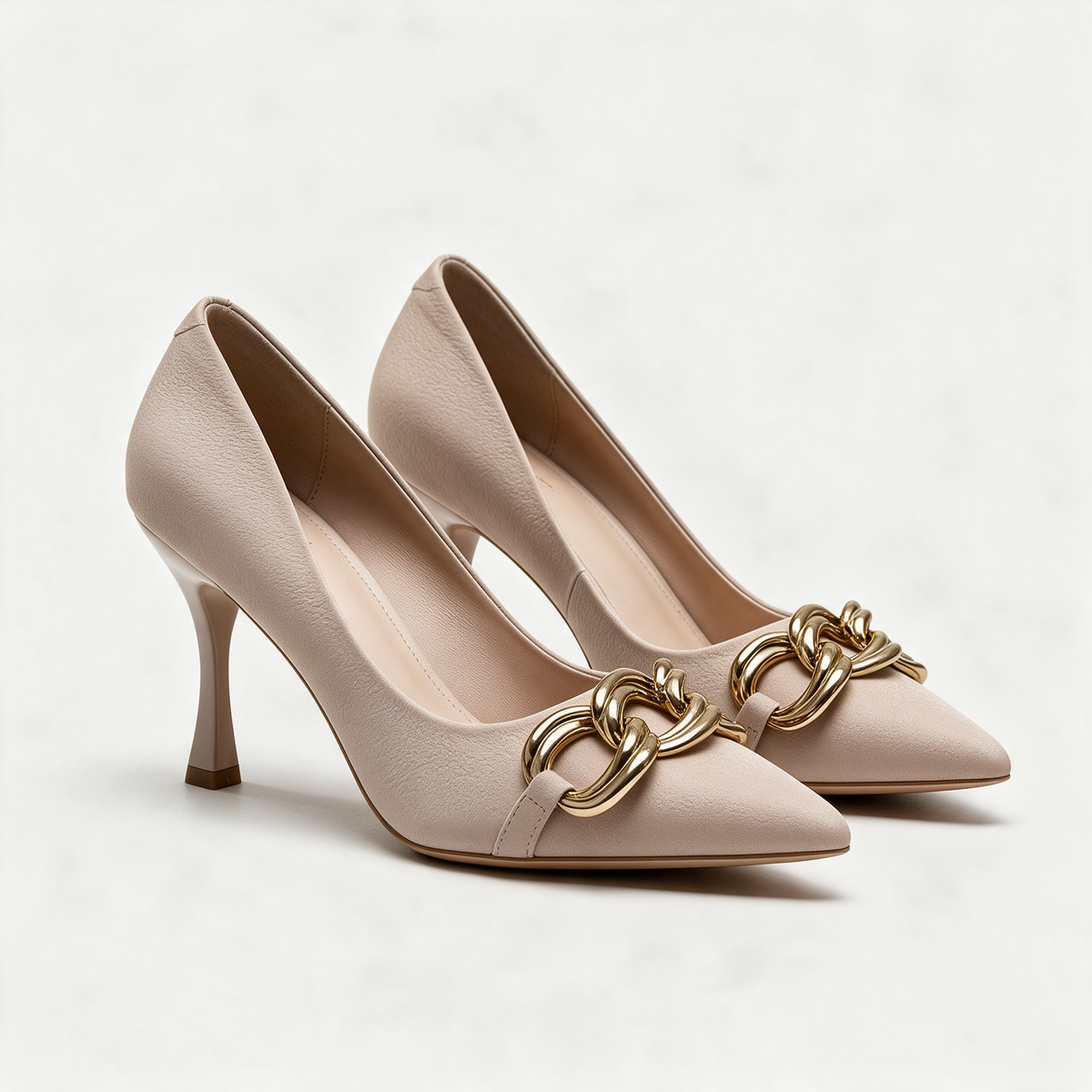 Margaux Chain Heels in Beige — studio pair view