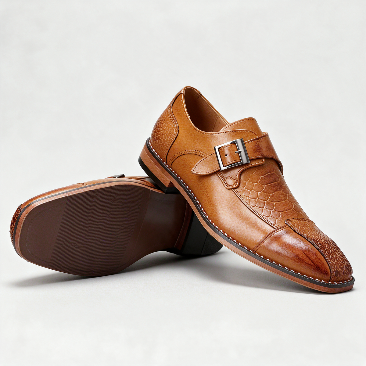 Lorenzo Buckle Shoes in Brown — croc-embossed monk strap shoe with a silver buckle and leather sole