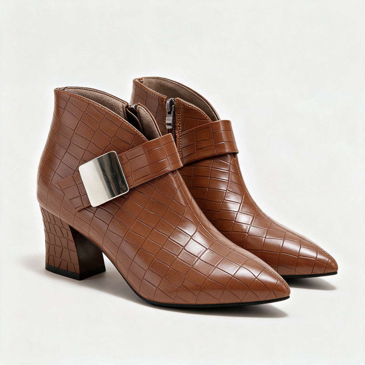 Scarlett Pointed Boots in Brown — croc-textured pointed ankle boots with a square buckle plate