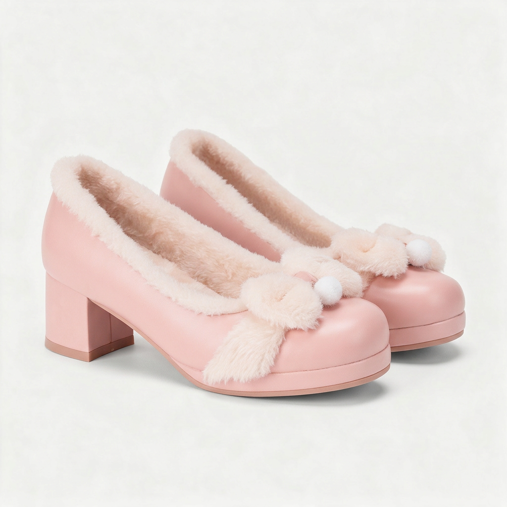Camille Plush Pumps in Pink — plush-lined platform pump with a soft pom bow