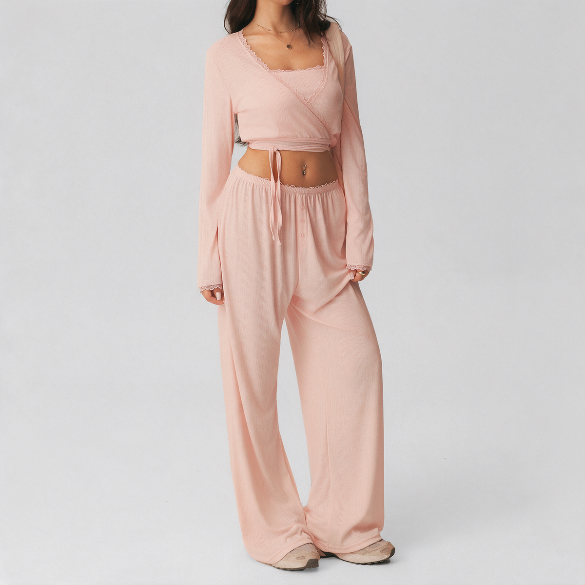 Kate Pajama Set in Light Pink — ribbed knit cami, cropped tie-front shrug, and wide-leg pants worn together