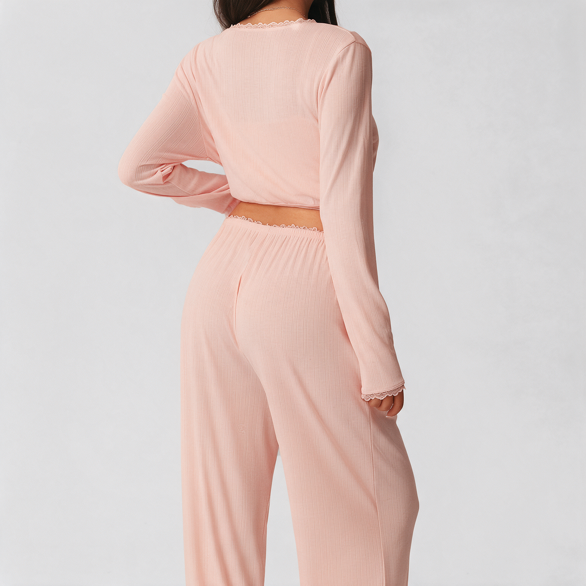 Kate Pajama Set in Light Pink — back view of the cropped tie-front shrug and wide-leg pants