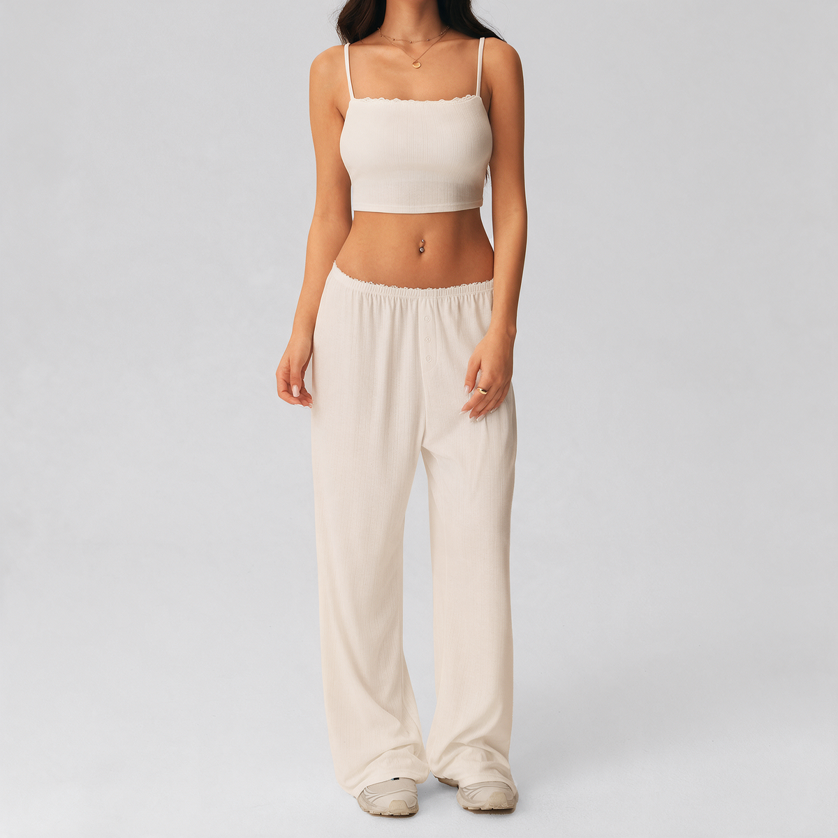 Kate Pajama Set in Cream — lace-trim square-neck cami with button-front wide-leg pants