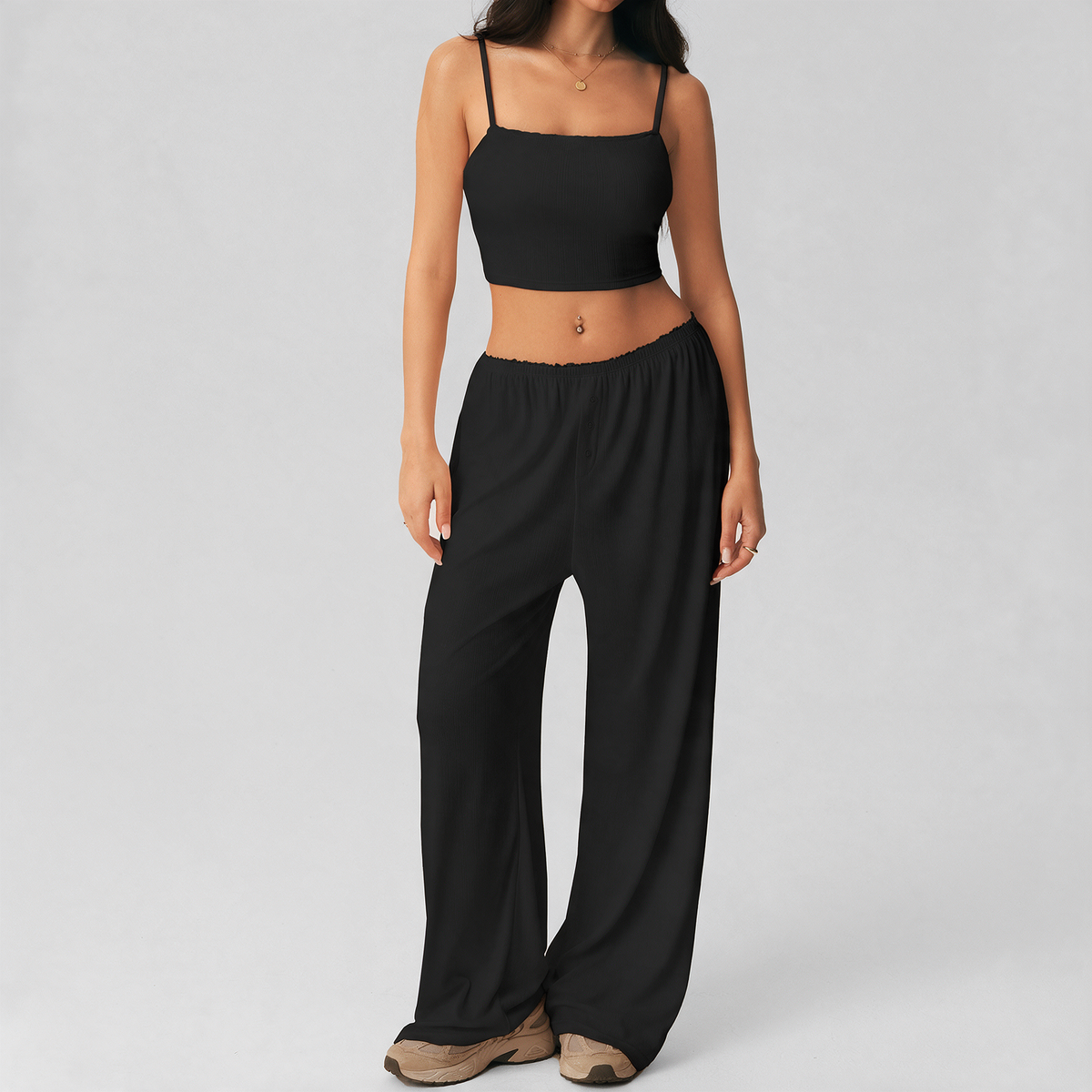 Kate Pajama Set in Black — lace-trim square-neck cami with button-front wide-leg pants
