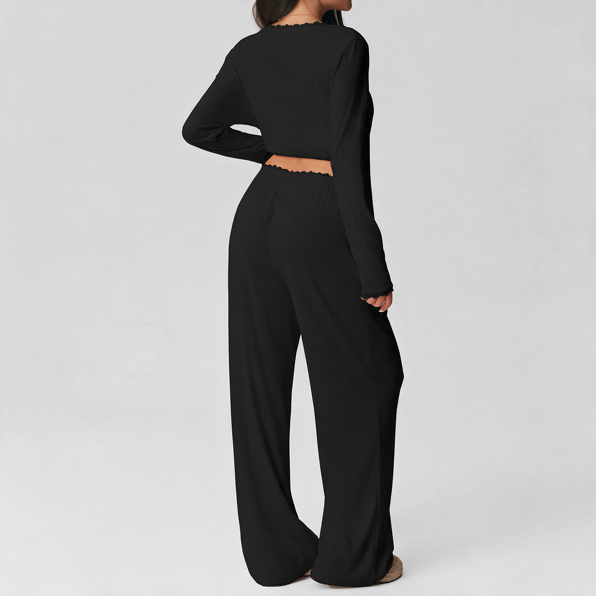 Kate Pajama Set in Black — back view of the cropped tie-front shrug and wide-leg pants