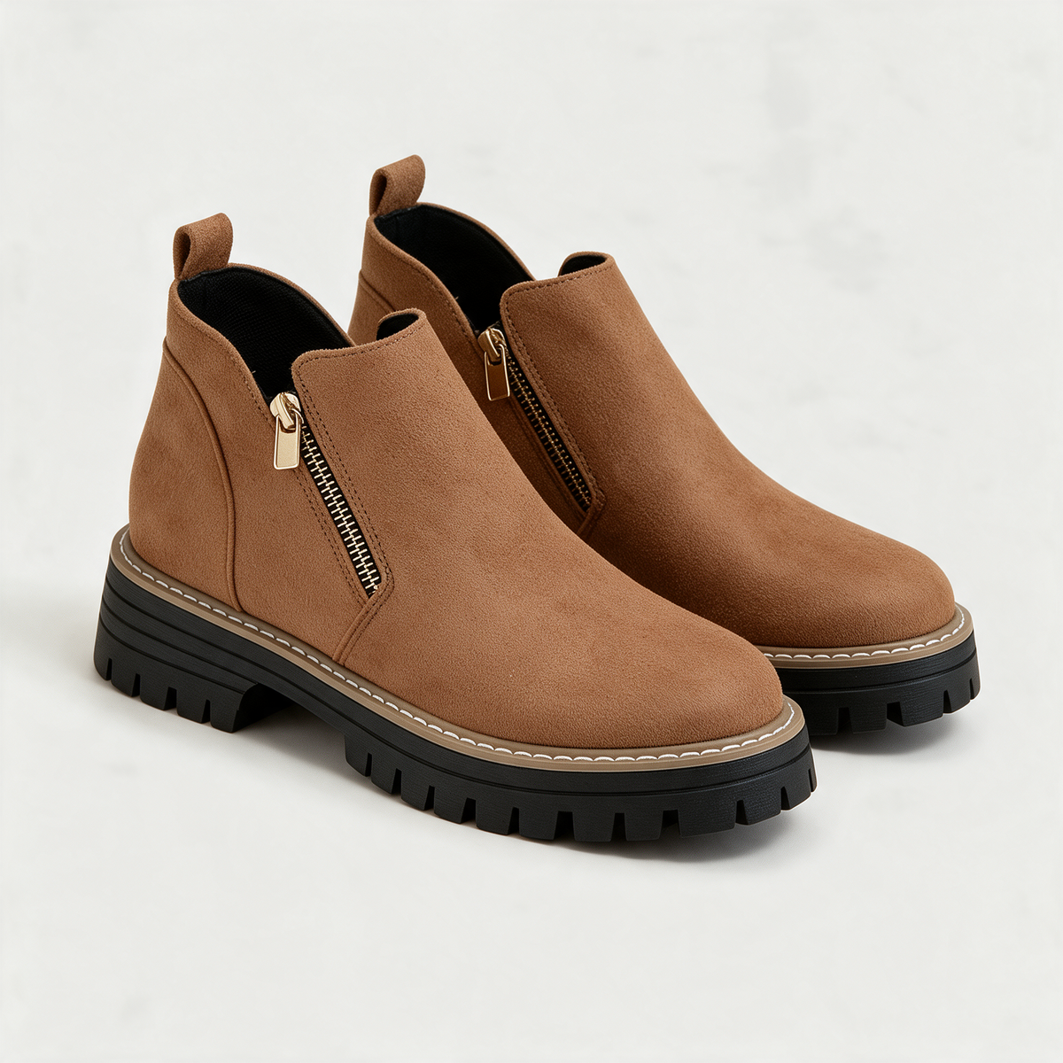 Sage Chunky Boots in Light Brown — suede lug-sole ankle boot with a gold side zip