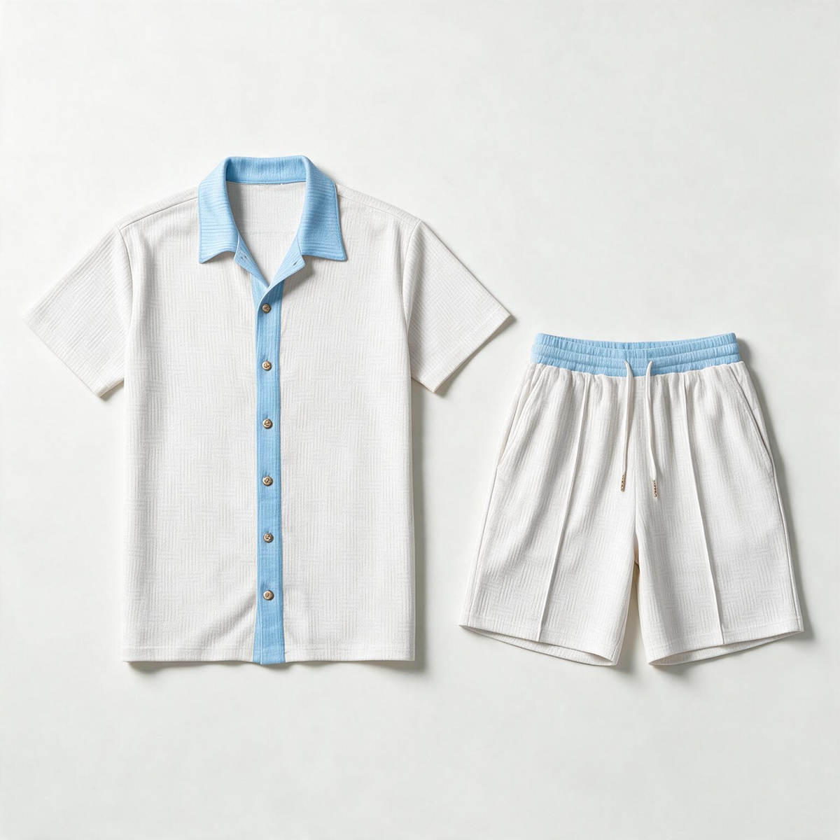 Cabo Summer Set flatlay, men's short sleeve shirt and matching shorts co-ord by Spaydes