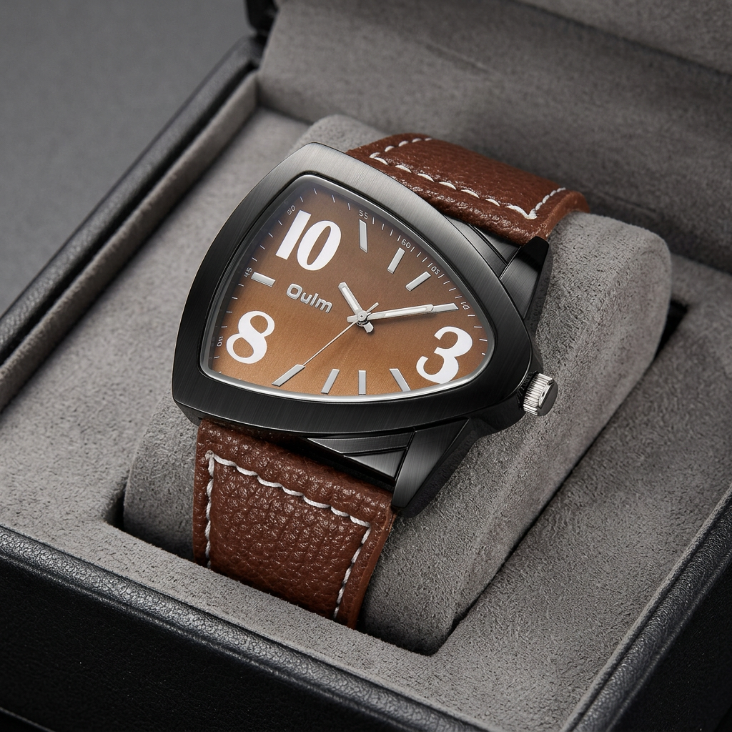 Aldo Shield Watch in Brown — men's shield-case watch with brown leather strap, boxed