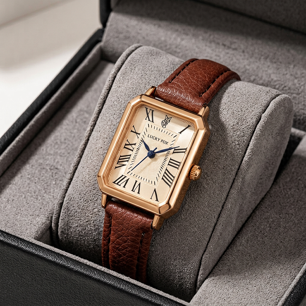 Juliette Vintage Watch — gold-tone rectangle watch with cream Roman-numeral dial