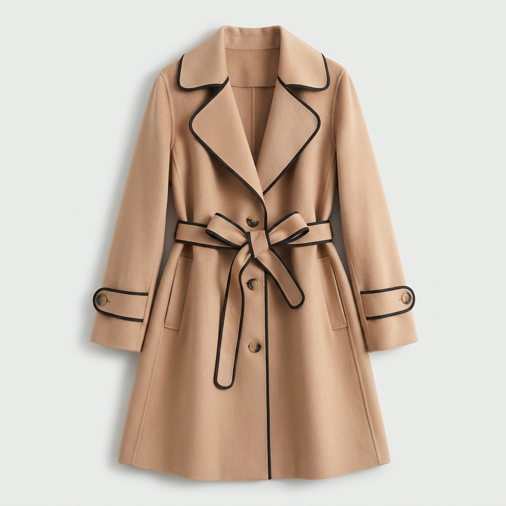 Delphine Wool Coat in Khaki — women's belted wool coat with contrast piping, tie belt, and notched lapel