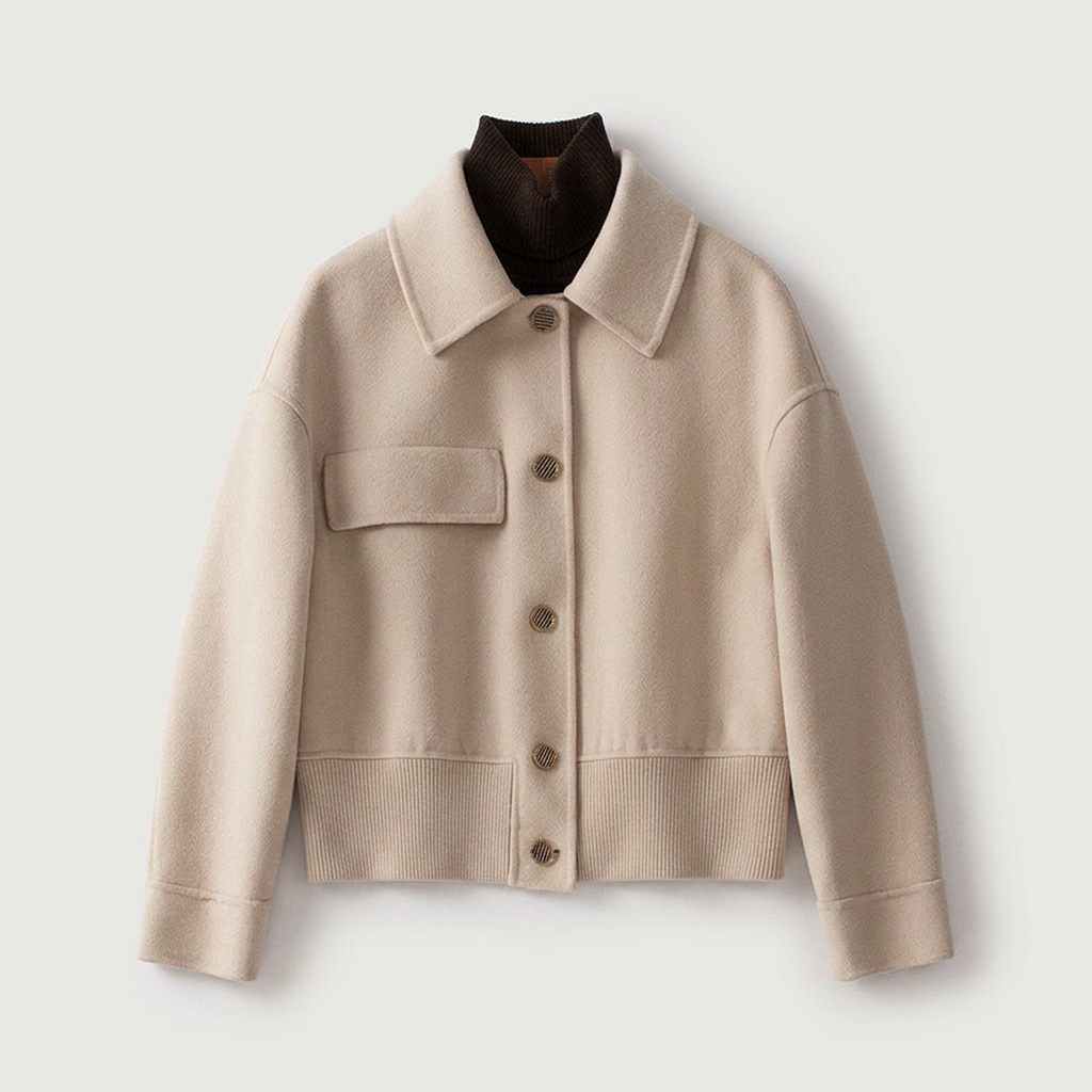 Renata Cropped Jacket in Cream — women's cropped wool jacket with button front and ribbed knit hem