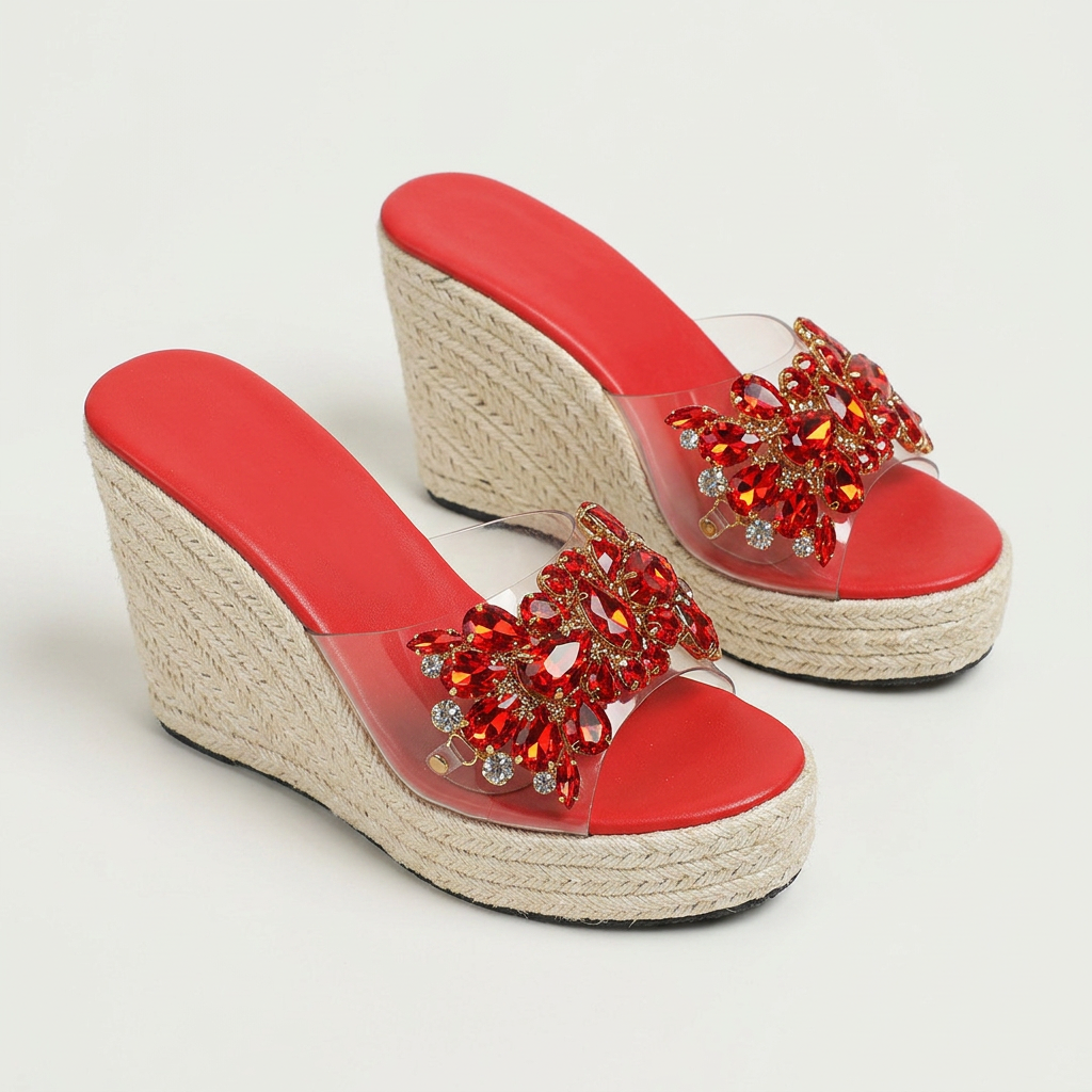 Maya Crystal Wedges in Red — women's crystal-cluster espadrille wedge sandal with clear strap