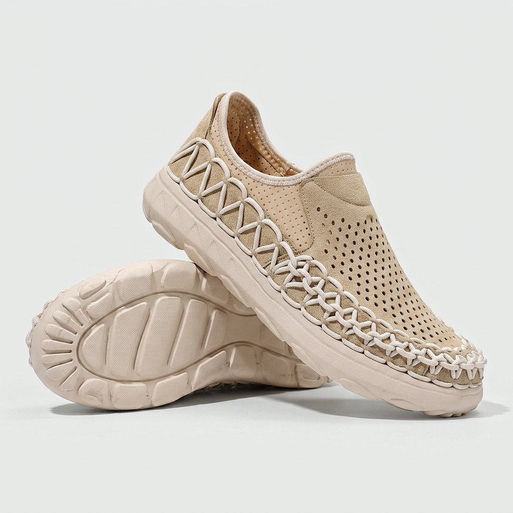 Dario Woven Loafers in Beige — men's perforated suede slip-on loafer with woven cord trim
