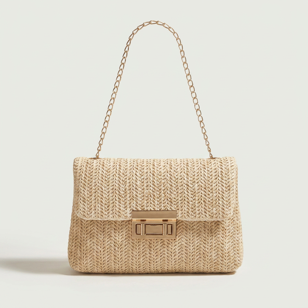 Sienna Woven Handbag — woven straw crossbody with gold chain strap