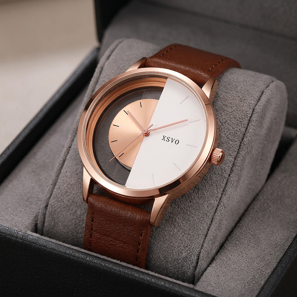 Cassius Open-Dial Watch — minimalist watch with see-through split dial and leather strap