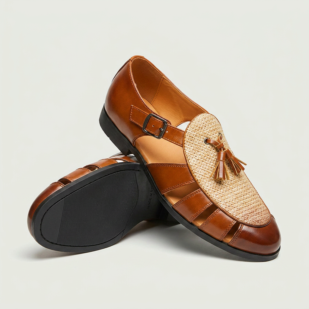 Vince Leather Sandals in Black — leather fisherman sandal with woven tassel vamp