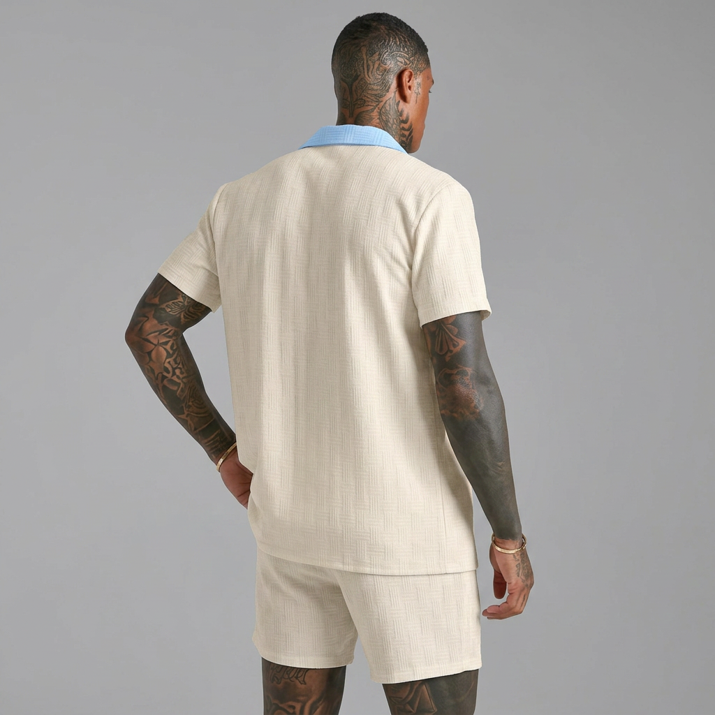 Cabo Summer Set in cream, back view, men's short sleeve shirt and shorts co-ord