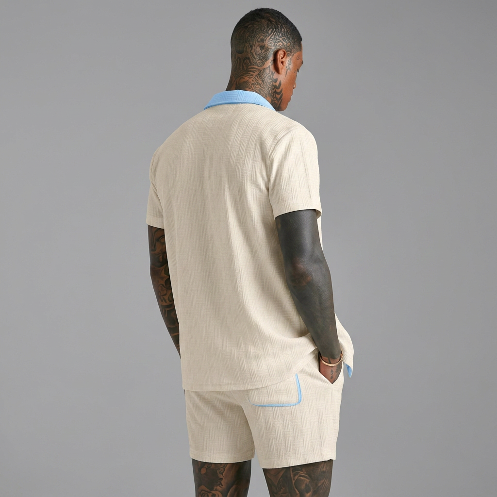 Cabo Summer Set in cream, back view, men's cotton shirt and shorts set