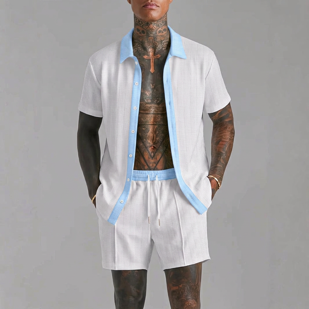 Cabo Summer Set in white, front view, men's cotton shirt and shorts set