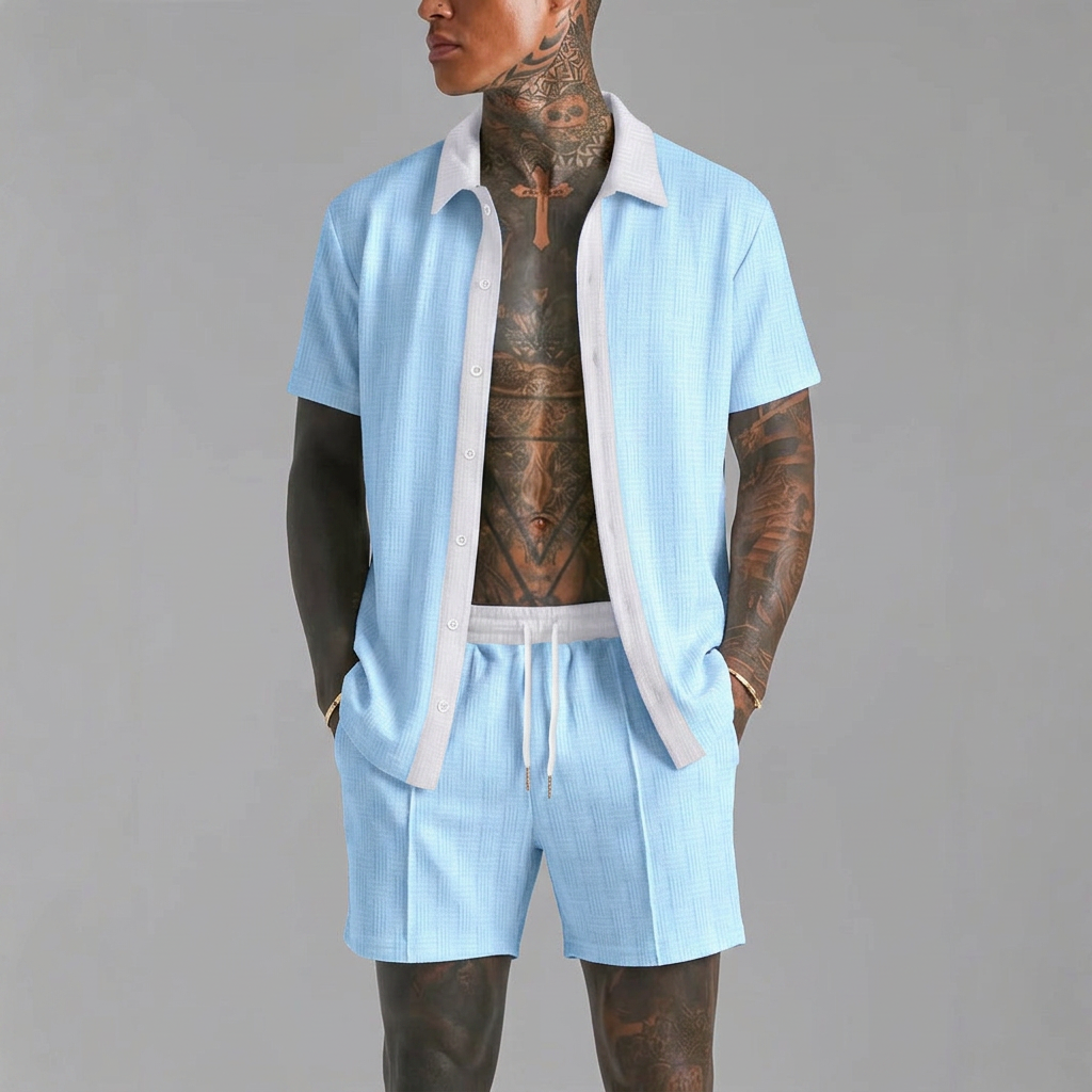 Cabo Summer Set in light blue, front view, men's cotton shirt and shorts set
