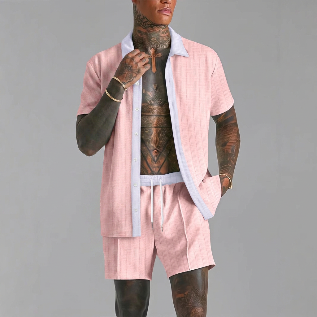 Cabo Summer Set in pink, front view, men's short sleeve shirt and shorts co-ord