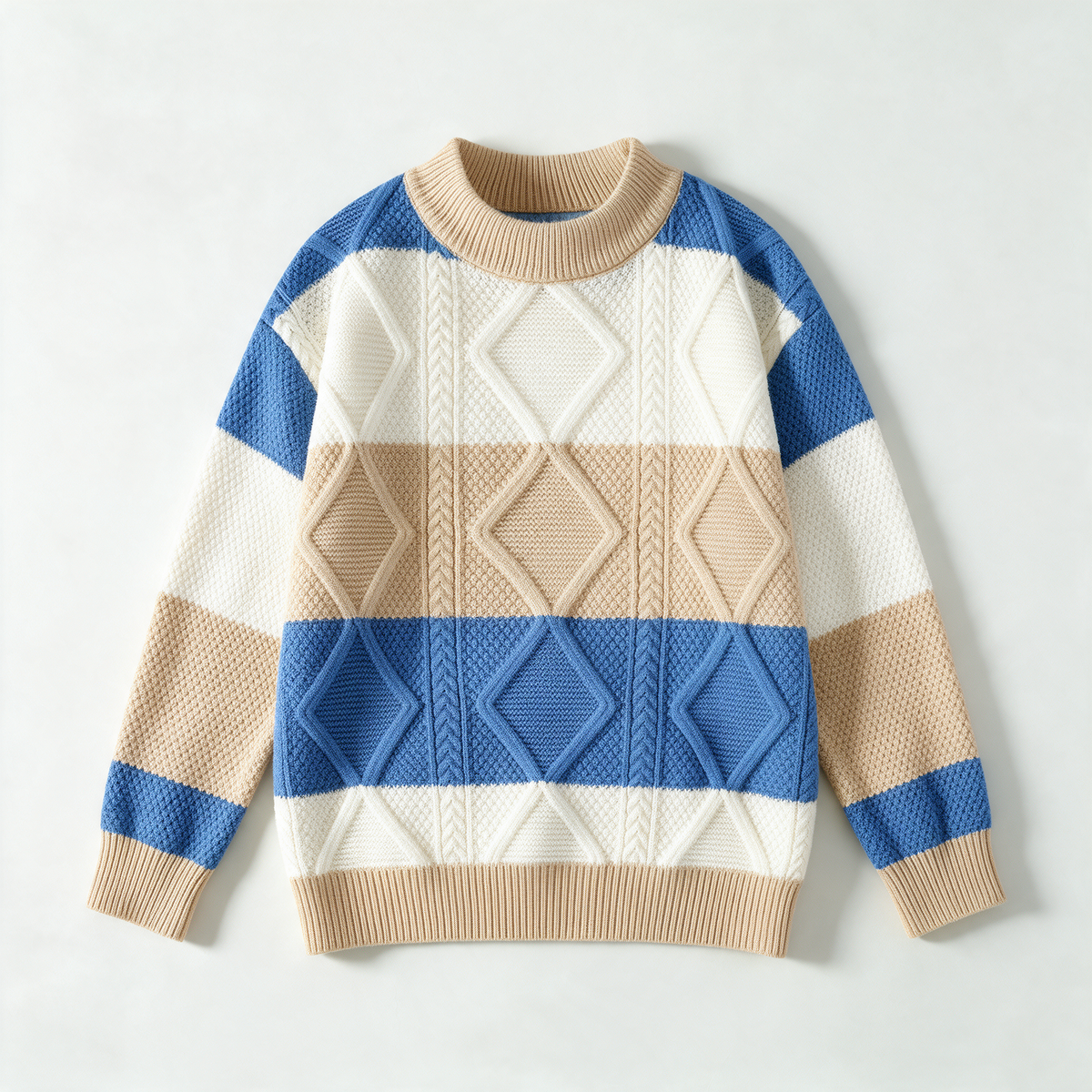 Sawyer Cable-Knit Sweater in Blue — colorblock cable-knit crewneck sweater