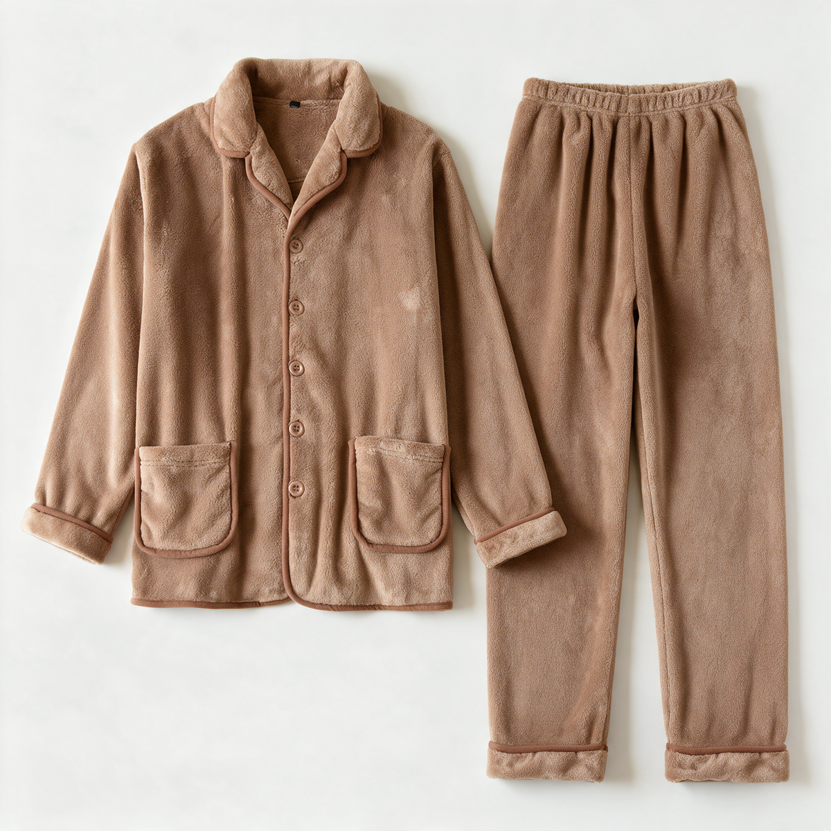 Emery Pajama Set in Light Brown — fleece button-front top with matching pants