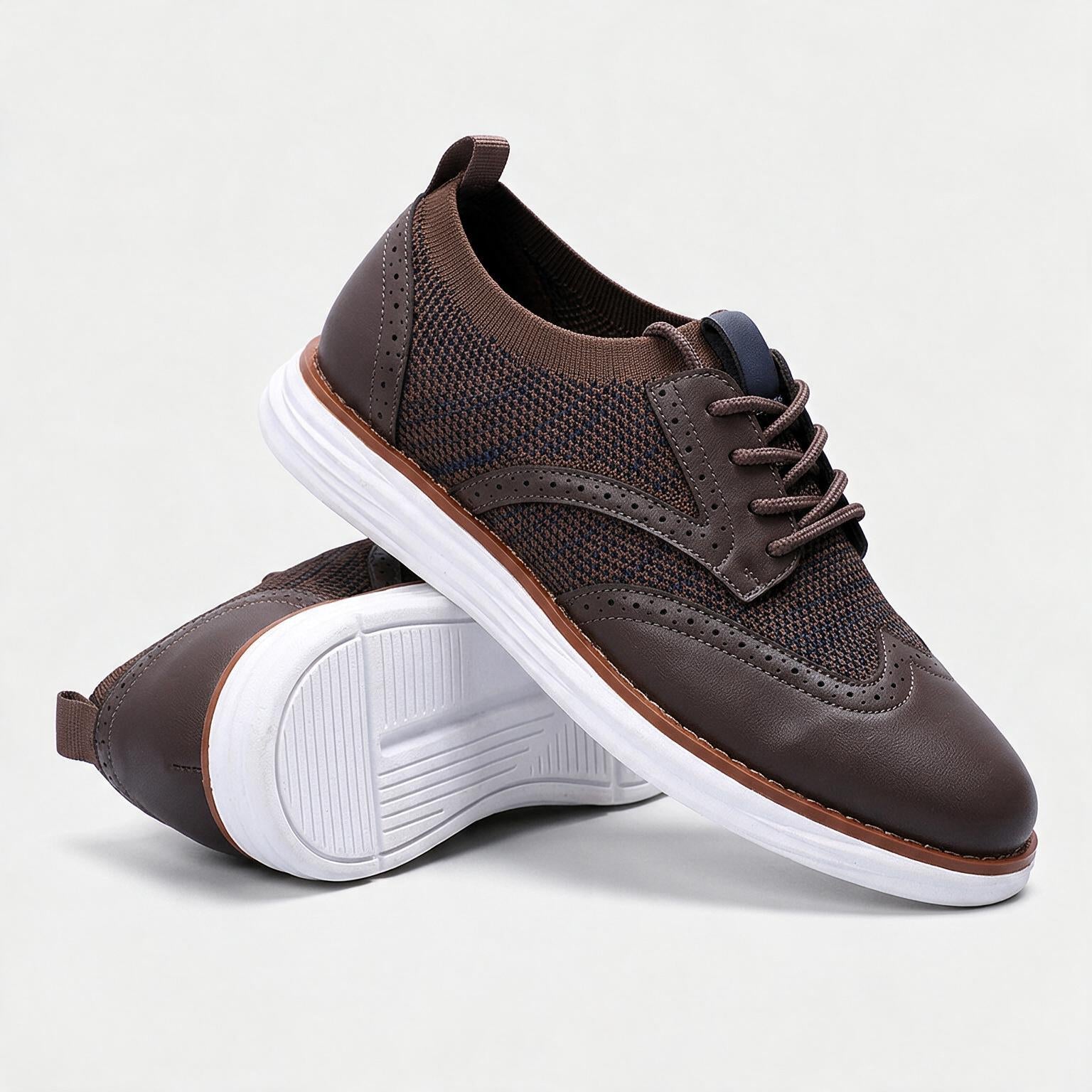 Elio Brogue Sneakers in Brown — men's knit-and-leather brogue dress sneaker with cushioned sole