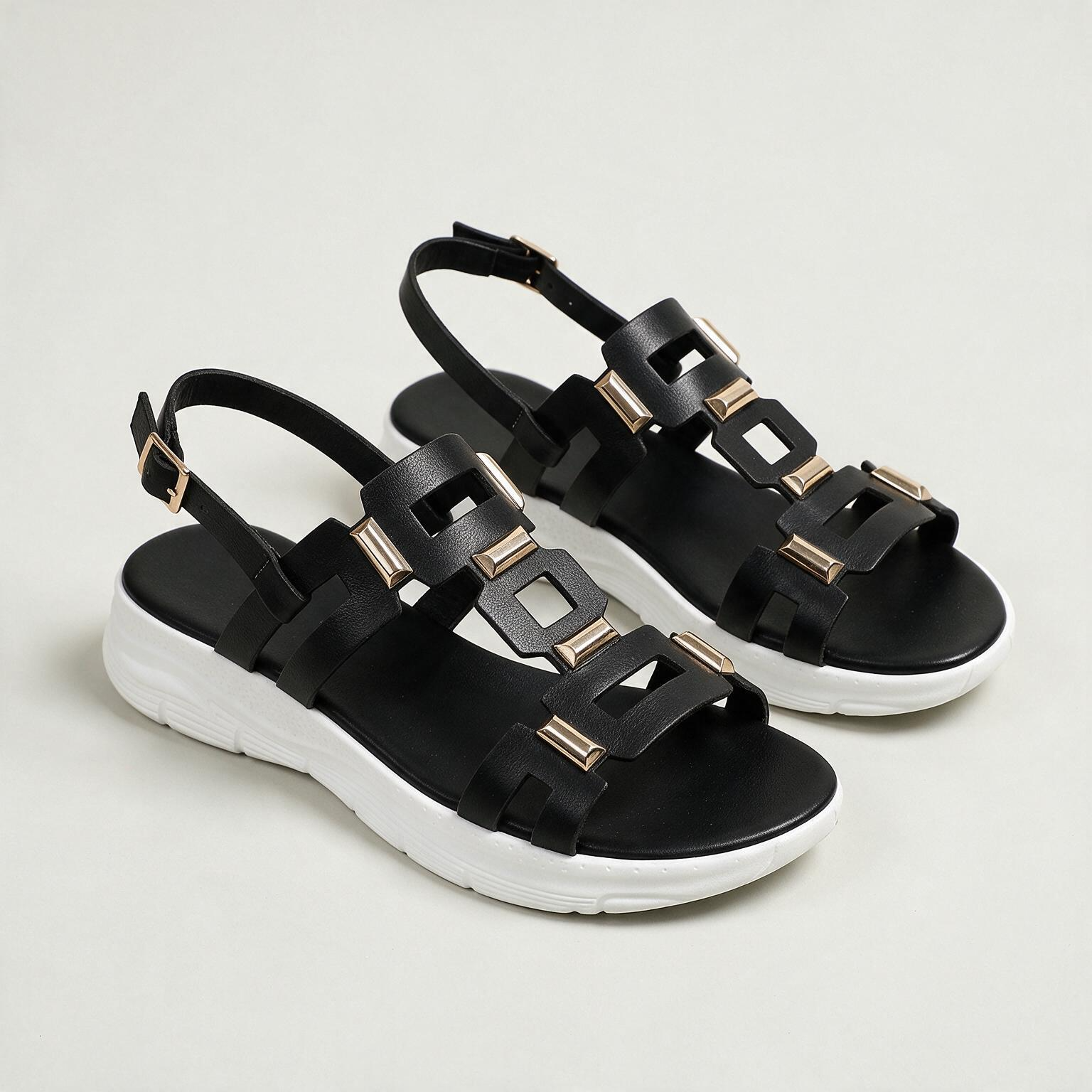 Serena Studded Sandals — women's platform sandals with gold square accents