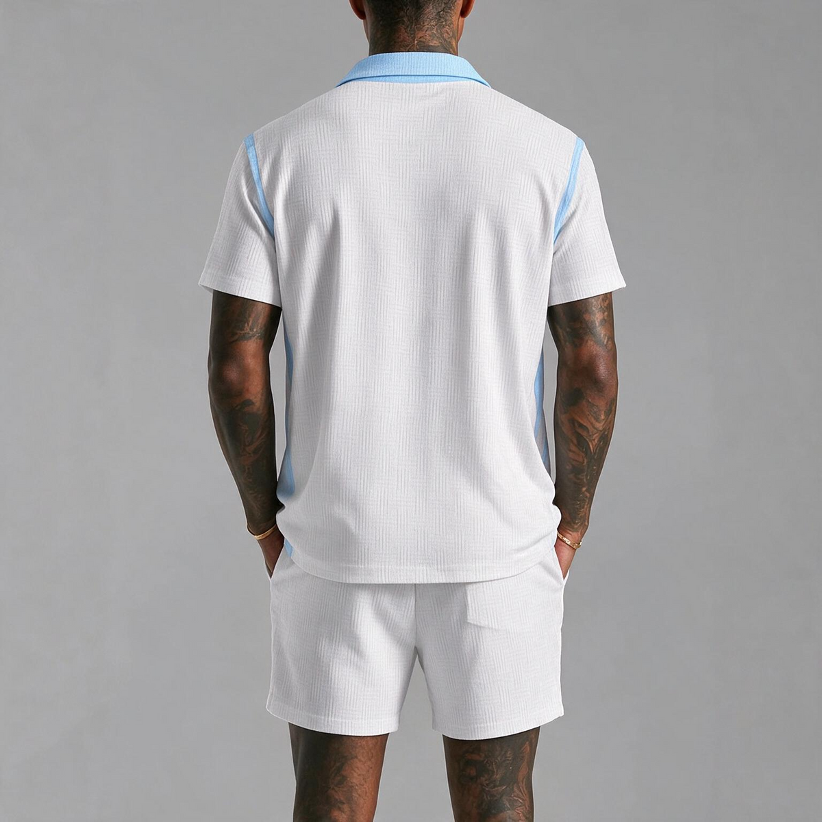 Cabo Summer Set in white, back view, men's short sleeve shirt and shorts co-ord