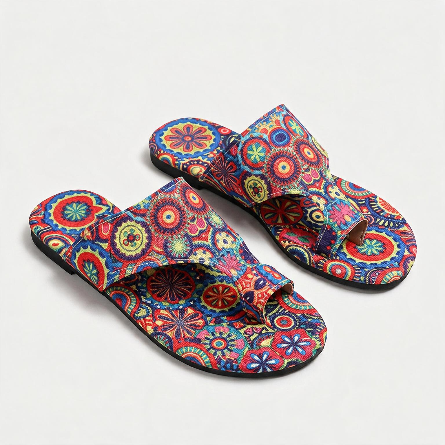 Lola Boho Sandals — women's boho toe-ring flat slide with all-over mandala print