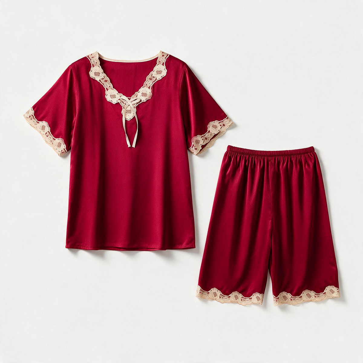 Talia Pajama Set — women's silky satin lace-trim short pajama set